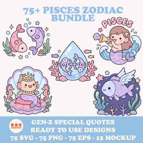 75+ Pisces Zodiac Bundle - Dreamy Chibi Mermaid SVGs & Gen-Z Aesthetic Quotes cover image.