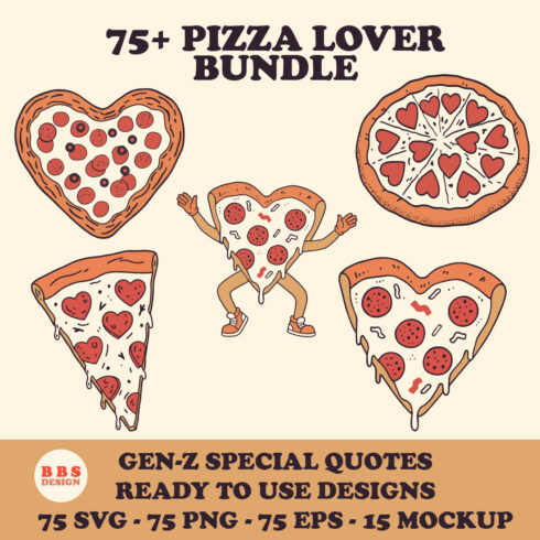 75+ Pizza Lover Aesthetic SVG Bundle | Gen-Z Pizza Quotes & Heart Pepperoni Designs for Cricut, Stickers, Sublimation & Canva cover image.