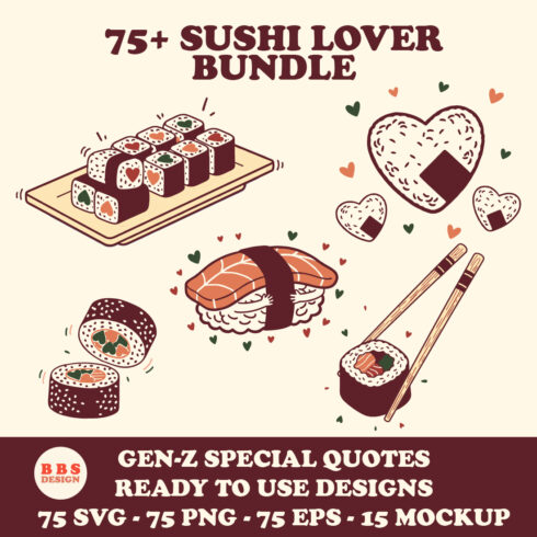 75+ Sushi Lover Aesthetic SVG Bundle | Viral Gen-Z Quotes & Minimalist Niche Illustrations for Canva, Cricut, Stickers & Apparel Creators cover image.