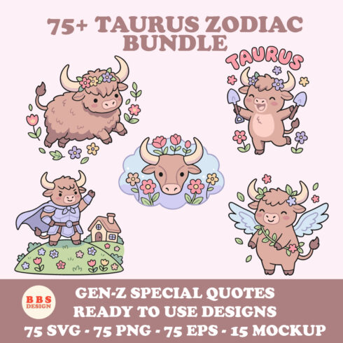 Kawaii Taurus Zodiac SVG Bundle - 75+ Chibi Astrology Clipart & Gen-Z Quotes - Pastel Earth Sign Vectors for Sublimation, Stickers & Digital Planning cover image.