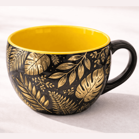 Modern Luxury Coffee & Tea Mug Mockup Pair with Golden Leaf Pattern cover image.