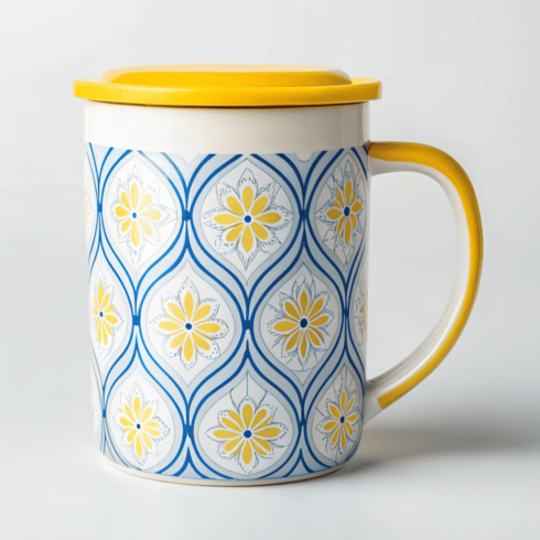 Yellow & Blue Floral White Mug Mockup Set with yellow lid cover image.