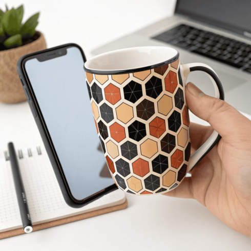 Multicolor Hexagon Pattern Coffee and Tea Mug Mockup Pair cover image.