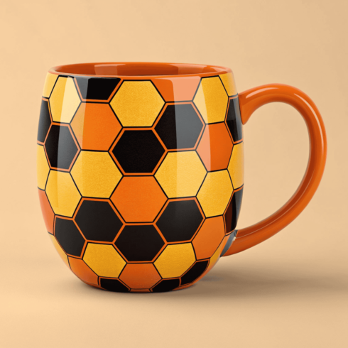 Coffee & Tea Mug Mockup in Yellow with Geometric Hexagon Pattern cover image.