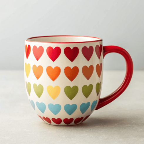 Cream Coffee and Tea Mug Mockup Pair with Multicolor Hearts cover image.