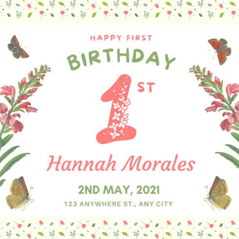 Happy First Birthday Invitation – Floral & Butterfly Baby Girl Birthday Card | Printable Pastel Design cover image.