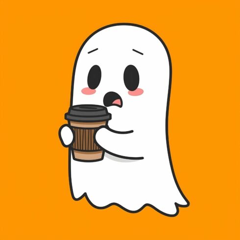 Cute Cartoon Ghost Holding Coffee Cup – Kawaii Halloween Character Illustration PNG cover image.