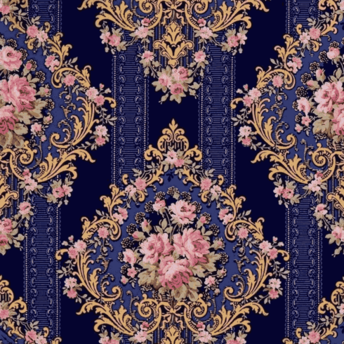 Vintage Floral Damask Pattern with Ornate Roses on Deep Blue Background cover image.