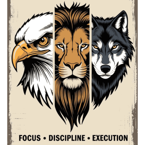 Focus Discipline Execution – Eagle Lion Wolf Motivational T-Shirt & Wall Art Design cover image.