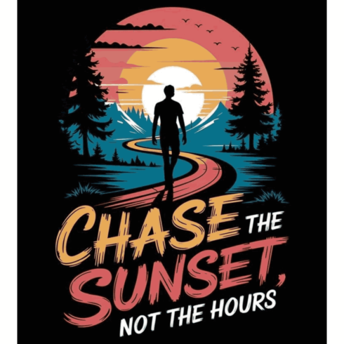 Chase The Sunset – Adventure Silhouette Retro T-Shirt Design cover image.