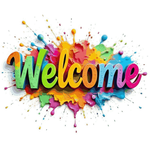 Colorful Welcome Splash Graphic - 3D Typography with Artistic Paint Burst cover image.