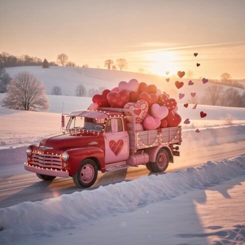 Red and Pink Valentine Truck Illustration Carrying Hearts Romantic Love Background cover image.