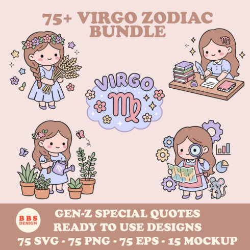 75+ Virgo Zodiac Bundle - Kawaii Chibi Maiden & Gen-Z Quotes cover image.