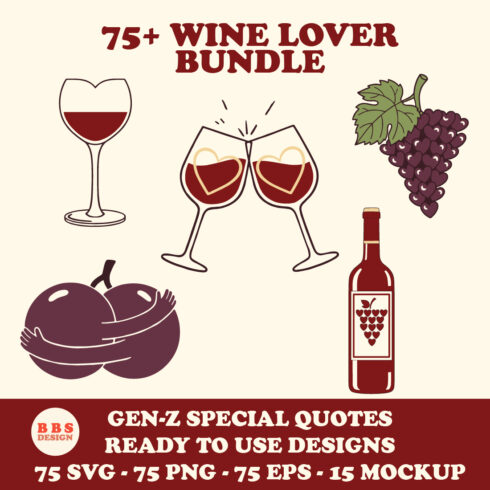 75+ Wine Lover Aesthetic SVG Bundle | Minimalist Wine Illustrations & Trendy Quotes for Canva, Cricut, Stickers & DIY Merch cover image.