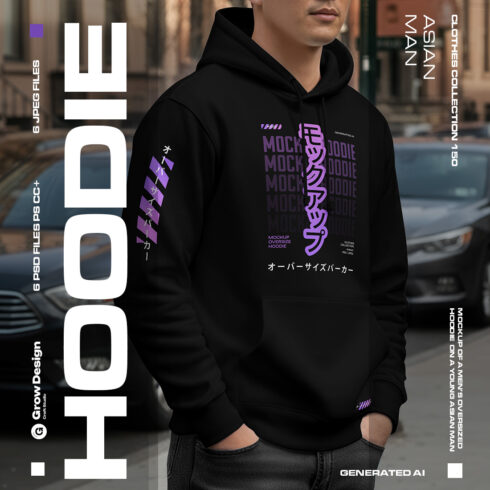 6 Urban Streetwear Hoodie Mockup on Asian Man Generated AI cover image.
