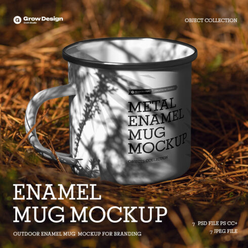 7 Mockups of Enamel Metal Mug in the Hand Man On The Outdoor cover image.