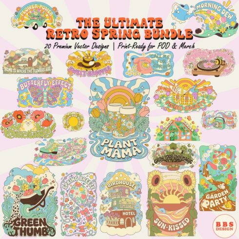 Ultimate Retro Spring SVG Bundle: 20 Groovy 70s Hippie Vector Designs | Flower Power Clipart, Botanical Illustrations & Psychedelic Art for POD & Commercial Use cover image.