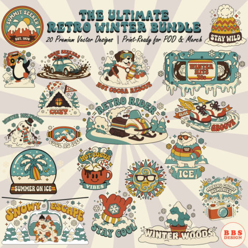 Ultimate Retro Winter Bundle - 20 Groovy 70s Vintage Vector SVG Designs for POD & Merch cover image.