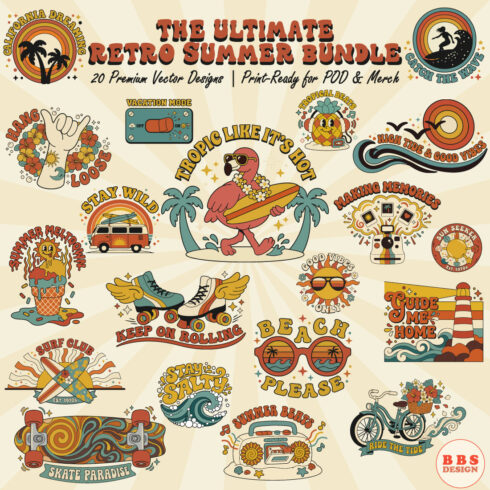 70s Retro Summer SVG Bundle: 20 Premium Vintage Beach & Surf Vector Designs for T-Shirts, POD & Crafts cover image.