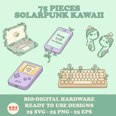 75 Pieces Solarpunk Kawaii Bundle - Eco-Friendly Bio-Digital Tech SVG & Aesthetic Icons Kit cover image.
