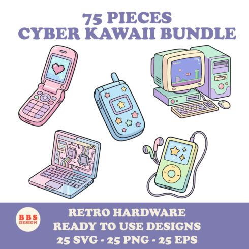 75 Pieces Cyber Kawaii Retro Tech Bundle - Y2K Aesthetic SVG & Digital Icons Kit cover image.