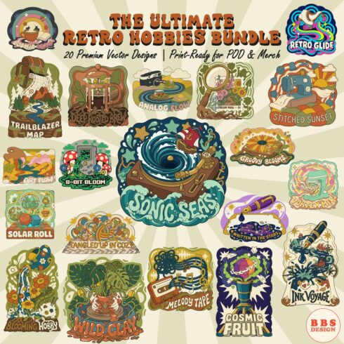 20 Retro Hobbies Bundle: Premium Groovy 70s Vector Illustrations & Stickers for Merch & POD cover image.