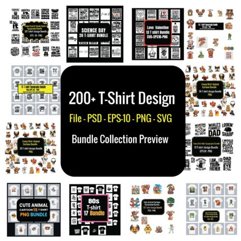 200+ T-Shirt Design Bundle Collection – Funny, Cute & Retro SVG PNG EPS PSD cover image.