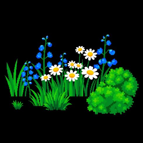 100 Pixel Meadow Elements Bundle โ Bluebells, Daisies, Grass & Bushes | High-Detail Pixel Flower Field PNG Pack cover image.