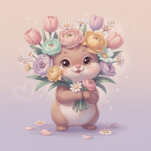 Cute Baby Animal Carrying a Big Spring Flower Bouquet – Symbol of Joy cover image.