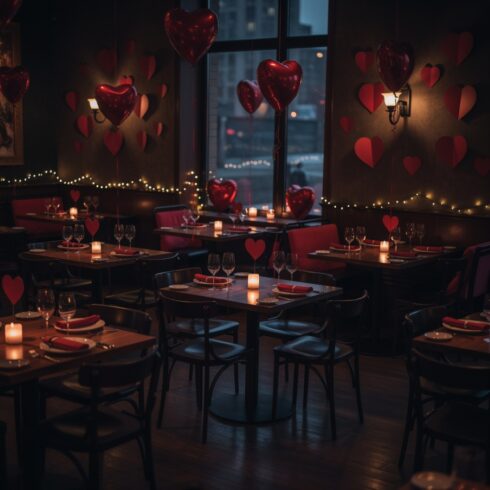 Dark Romantic Restaurant Interior with Red Heart Decorations Valentine Background cover image.