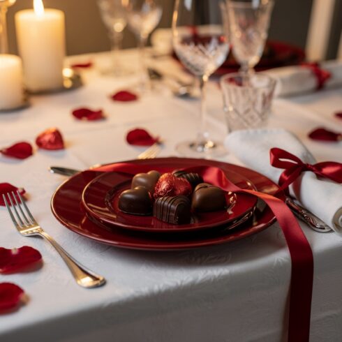 Elegant Valentine’s Day Table Setting with Red Plate and Heart Shaped Chocolates Background cover image.