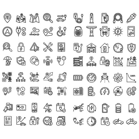 80 Electric Vehicle & EV Charging Line Icons Set – EV, Battery, Plug & Smart Energy Outline Icons cover image.