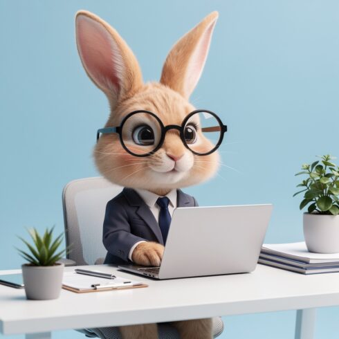 Funny Cute Business Bunny Wearing Glasses Working on a Laptop cover image.