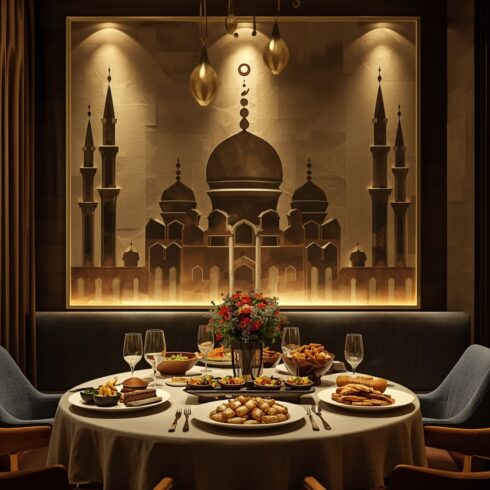 AI GENERATE IMAGE Ramadan Sehri and Iftar Food Scenes with Abstract Islamic Textures, No People, High Resolution Spiritual Backgrounds cover image.