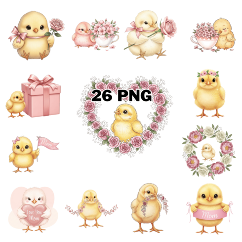 Pink Girly Baby Chick Sublimation Clipart Bundle cover image.