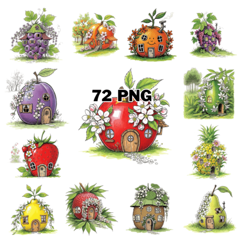 Whimsical Fruit house with Green Leaves And Tiny Blossoms Sublimation Clipart Bundle cover image.