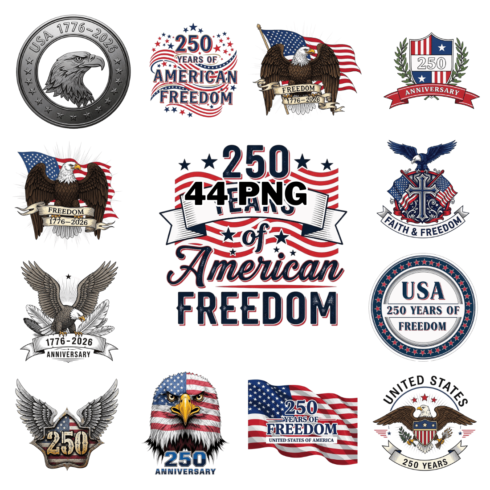 250 Years of American Freedom Patriotic Sublimation Clipart Bundle cover image.