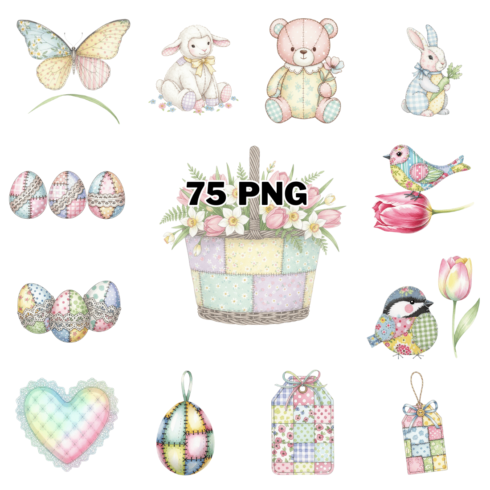 Watercolor Patchwork Quilted Spring Sublimation Clipart Bundle cover image.