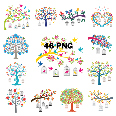 Whimsical Trees with Birds and Hanging Birdcages Sublimation Clipart Bundle cover image.