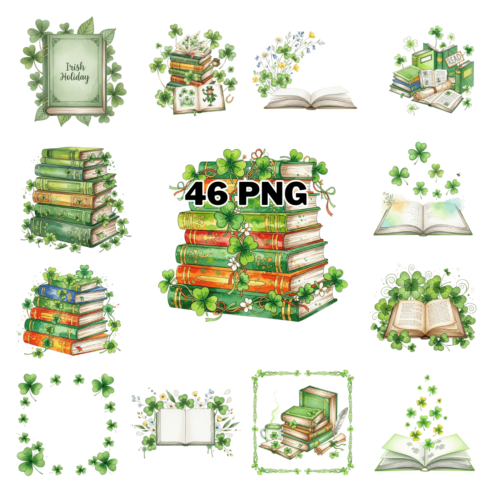 St Patrick's Day Spring Shamrock Books Sublimation Clipart Bundle cover image.