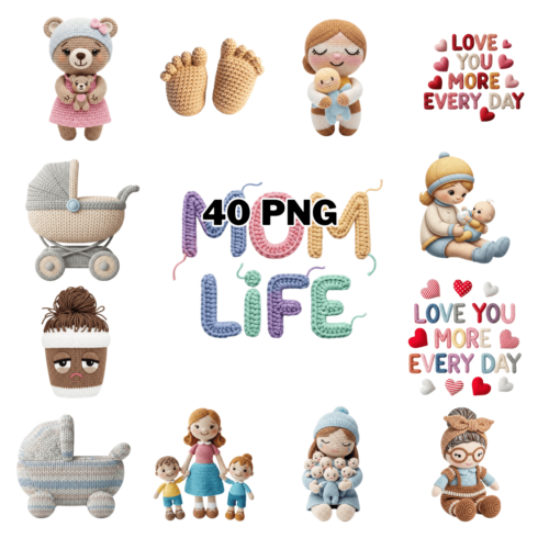 Adorable Crocheted "Mom Life" Sublimation Clipart Bundle cover image.