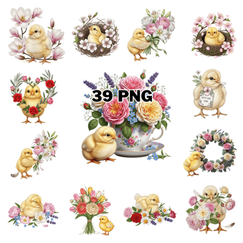 Premium Realistic Botanical Baby Chick Sublimation Clipart Bundle cover image.