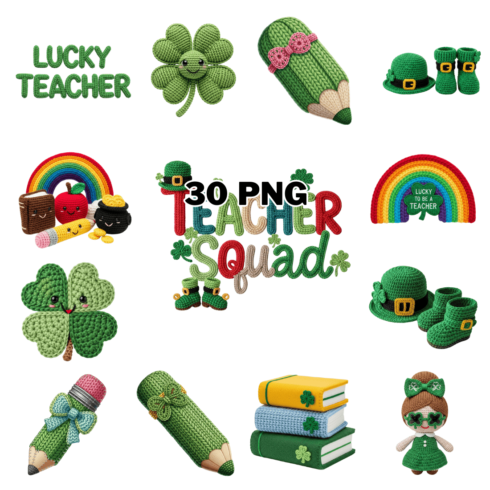 Crocheted St Patrick’s Day Teacher Sublimation Clipart Bundle cover image.