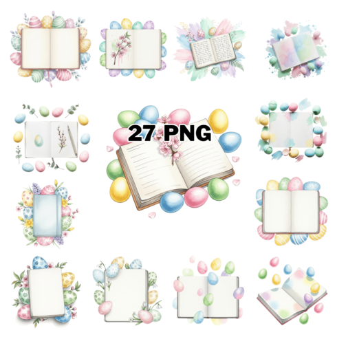Pastel Eggs and Notebooks with Spring Blossoms Sublimation Clipart Bundle cover image.