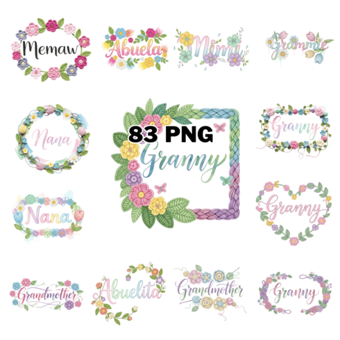 Watercolor Spring Floral Grandma Typography Sublimation Clipart Bundle cover image.