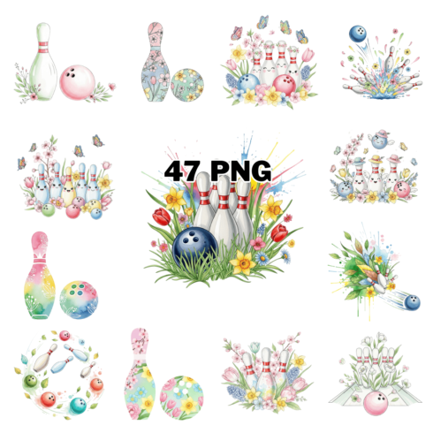 Cute Watercolor Spring Bowling Sublimation Clipart Bundle cover image.