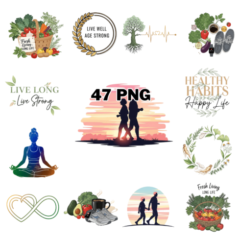 Longevity Concept with Healthy Lifestyle and Fitness Sublimation Clipart Bundle cover image.