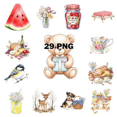Watercolor Cottage core Spring Picnic Sublimation Clipart Bundle cover image.
