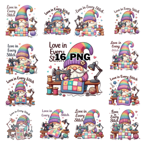 Whimsical Gnome Sewing Colorful Quilt Sublimation Clipart Bundle cover image.