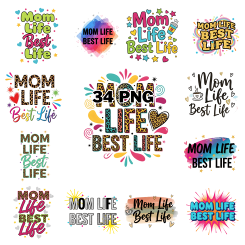 Colorful Mom Life Typography with Leopard Print and Heart Elements Sublimation Clipart Bundle cover image.